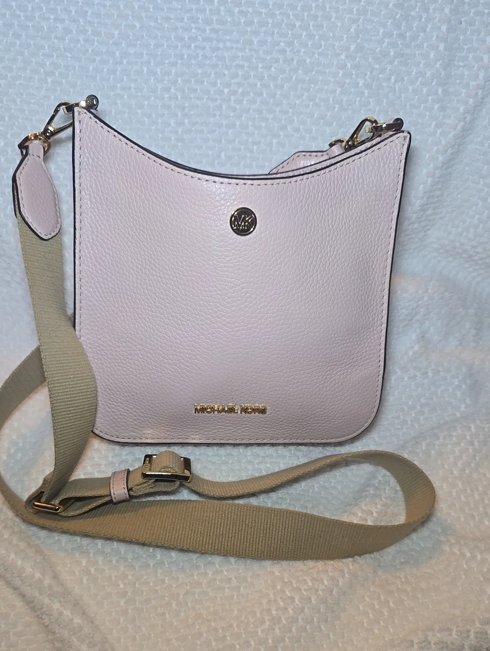 Michael Kors Pale Pink Pebbled Leather Crossbody with Beige Strap
